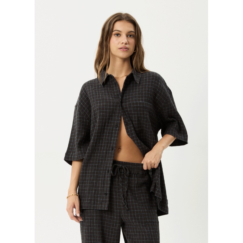 AFENDS Mens Dusk – Seersucker Check Shirt – Black Check