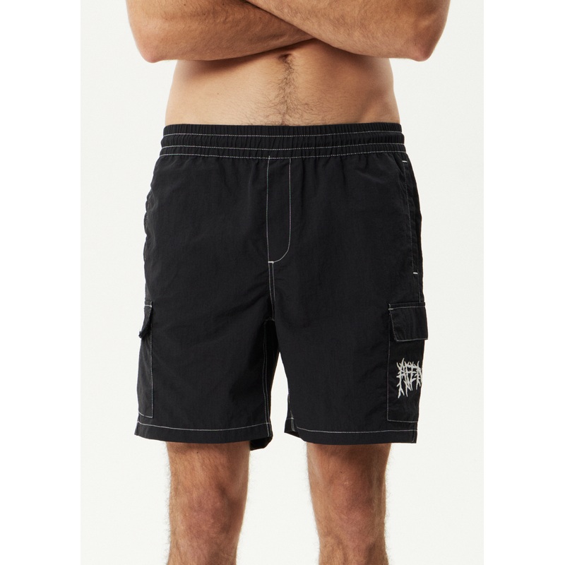 AFENDS Mens Heavy Petal – Cargo Baywatch Swim Short 18 – Black