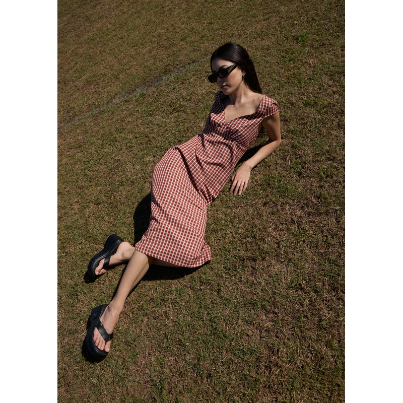 AFENDS Womens Austin – Check Midi Dress – Red Rum