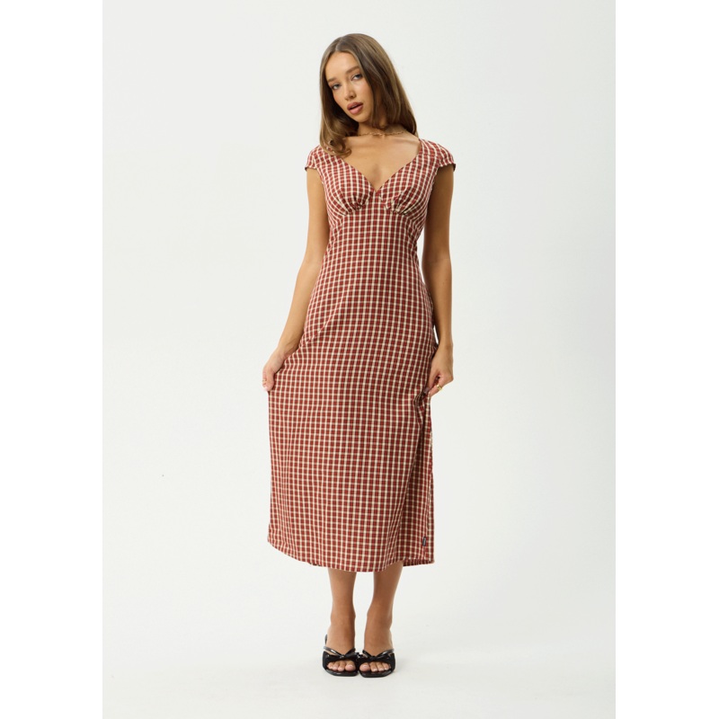 AFENDS Womens Austin – Check Midi Dress – Red Rum