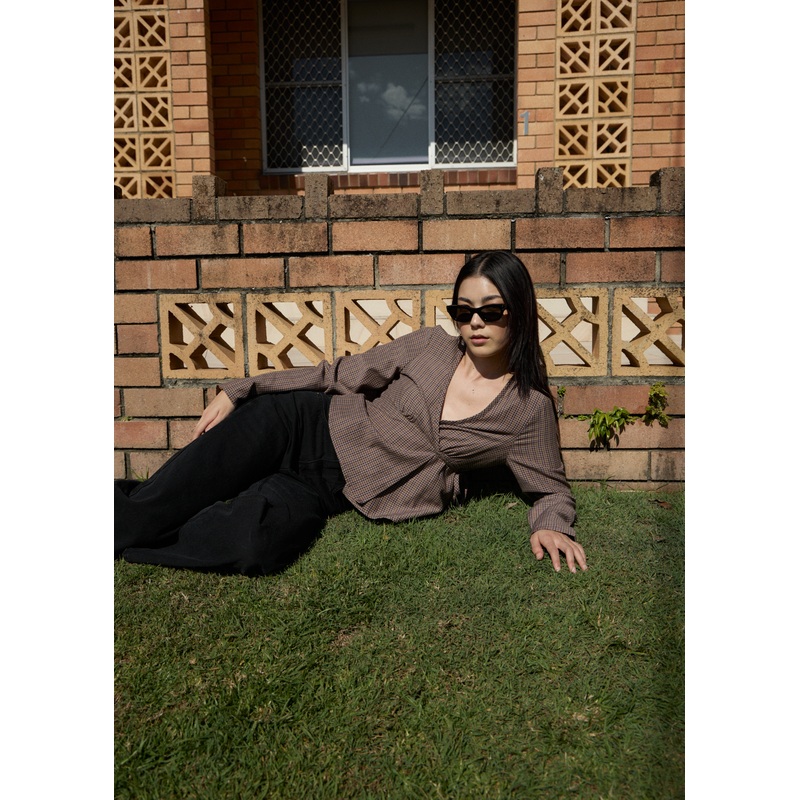 AFENDS Womens Hometown – Check Long Sleeve Top – Coffee