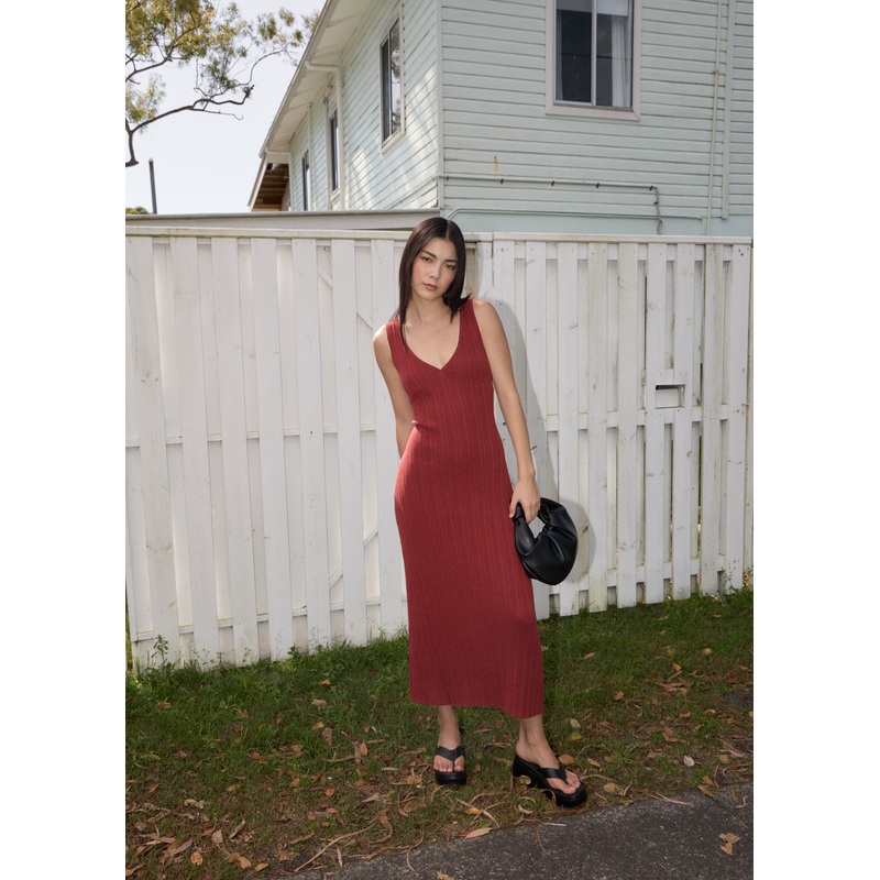 AFENDS Womens Iris – Knit Midi Dress – Red Rum