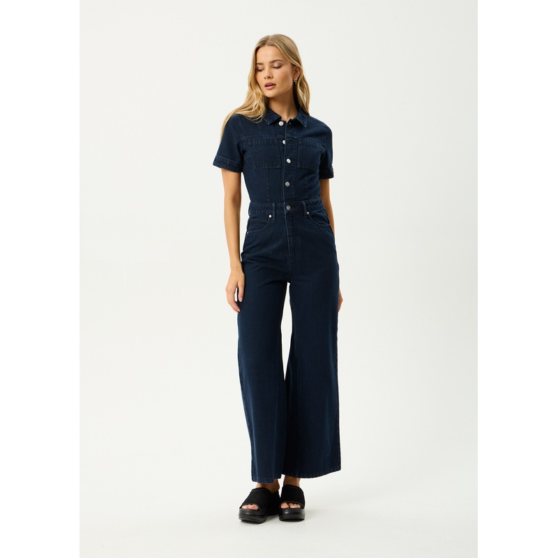 AFENDS Womens Weston Miami – Denim Flared Jumpsuit – Ink