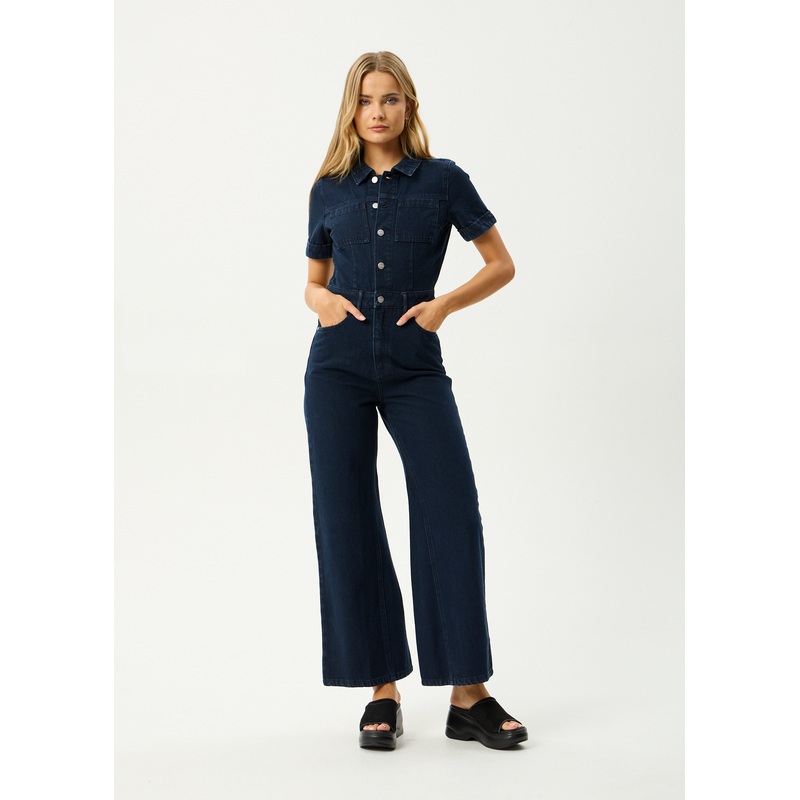 AFENDS Womens Weston Miami – Denim Flared Jumpsuit – Ink