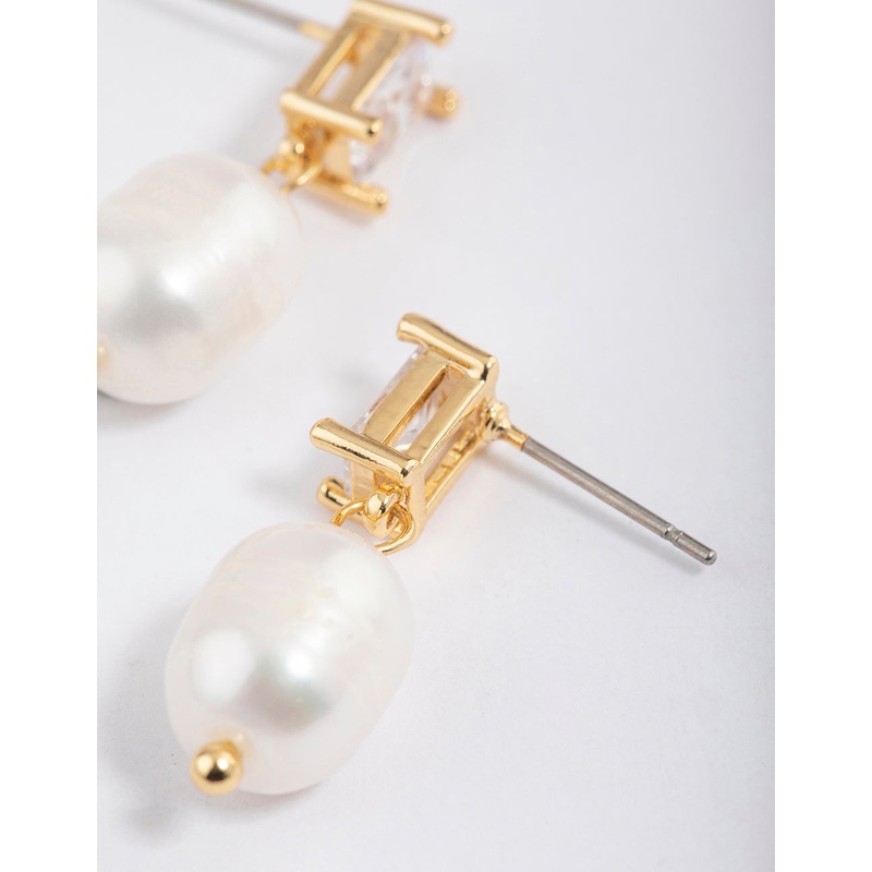 Gold Plated Cubic Zirconia Baguette & Freshwater Pearl Drop Earrings