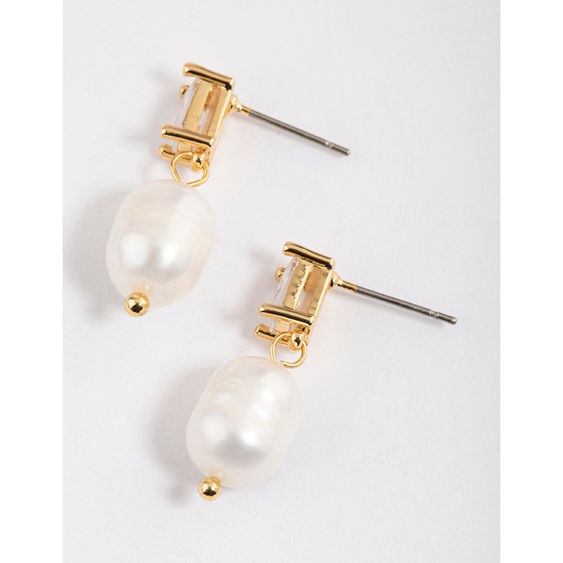 Gold Plated Cubic Zirconia Baguette & Freshwater Pearl Drop Earrings