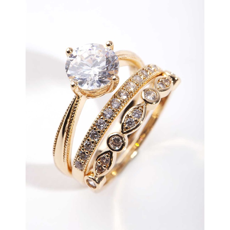 Gold Round Cubic Zirconia Ring Stack