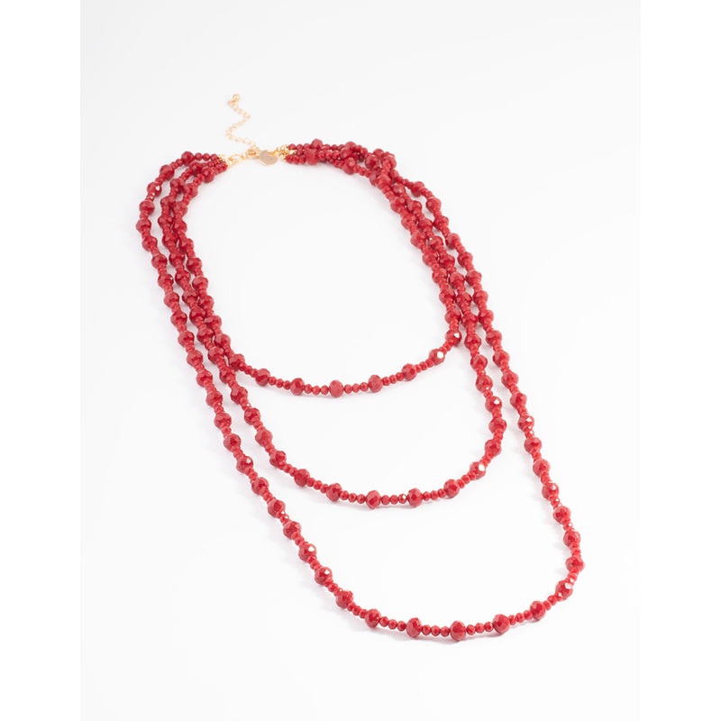 Red Three Row Bead & Facet Necklace