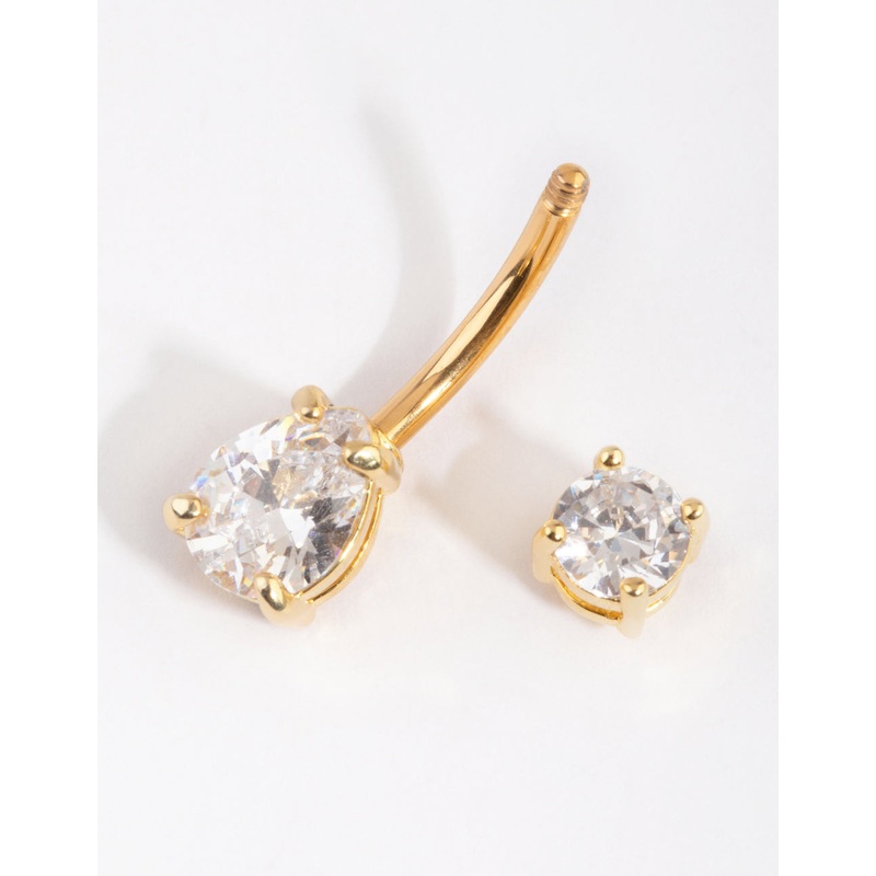 Gold Plated Titanium Pear Diamante Medium Belly Bar