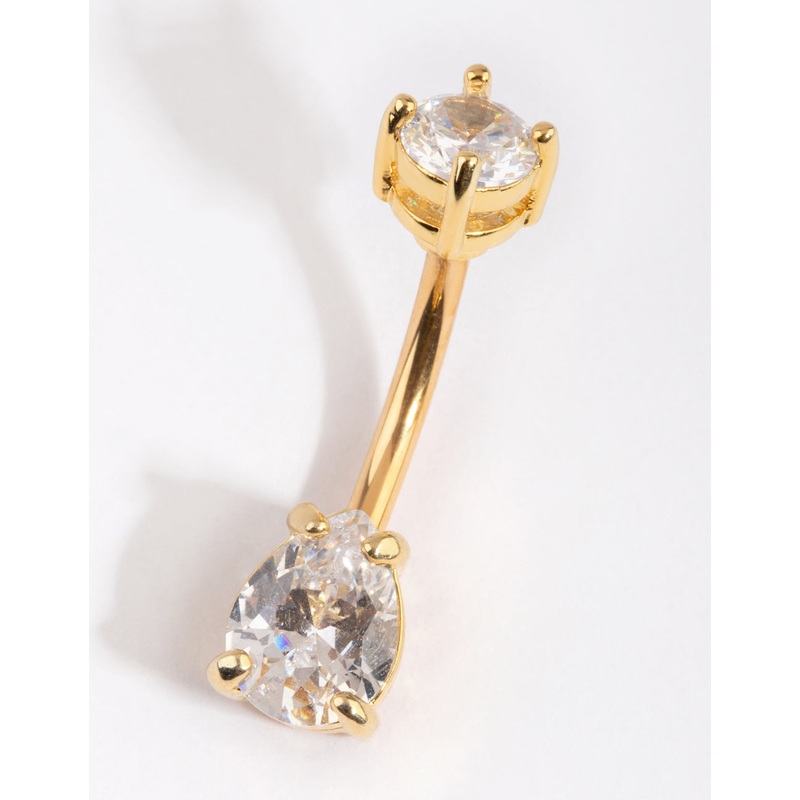 Gold Plated Titanium Pear Diamante Medium Belly Bar