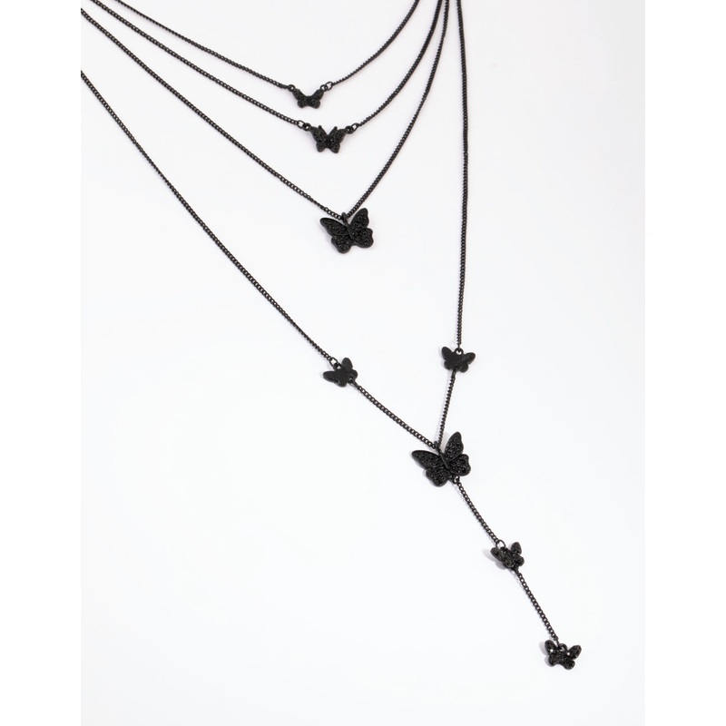 Matte Black Butterfly Layered Necklace