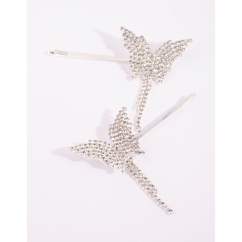 Silver Diamante Butterfly Drape Clip Set