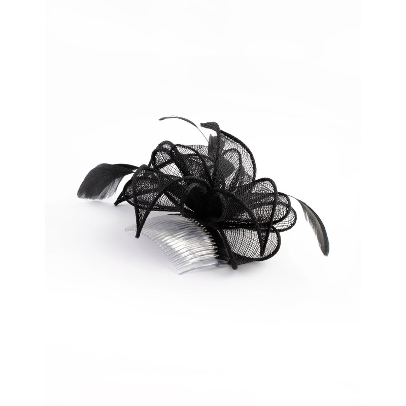 Black Looped Sinamay Fascinator Comb with Feathers