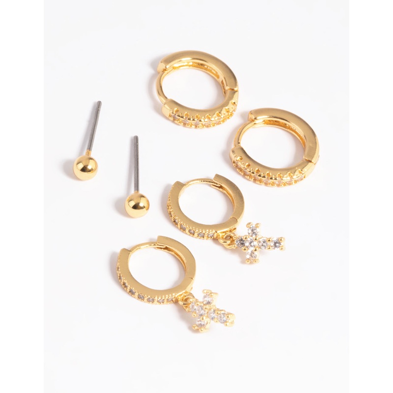 Gold Plated Brass Cubic Zirconia Pave Cross Earring Stack 6-Pack
