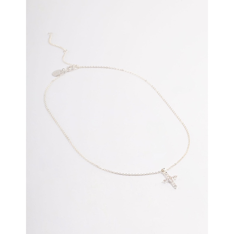 Silver Plated Cubic Zirconia Cross Fine Chain Necklace