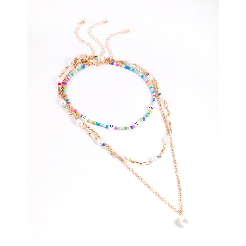 Gold 3 Row Love Mix Bead Pearl Necklace