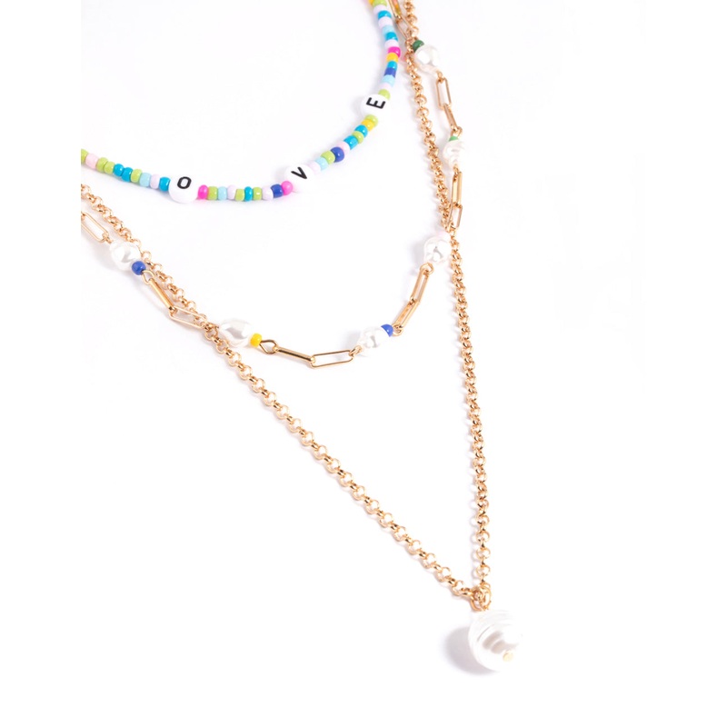 Gold 3 Row Love Mix Bead Pearl Necklace