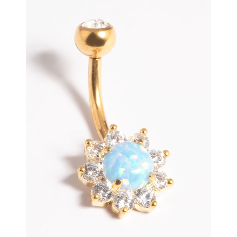 Gold Plated Titanium Threadless Opal Flower Belly Bar