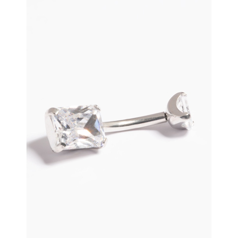 Platinum Plated Titanium Threadless Cubic Zirconia Baguette Belly Bar