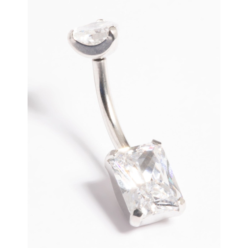 Platinum Plated Titanium Threadless Cubic Zirconia Baguette Belly Bar