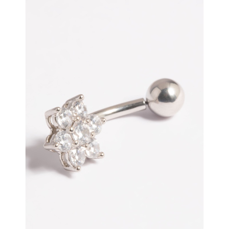 Platinum Plated Titanium Threadless Cubic Zirconia Flower Belly Bar