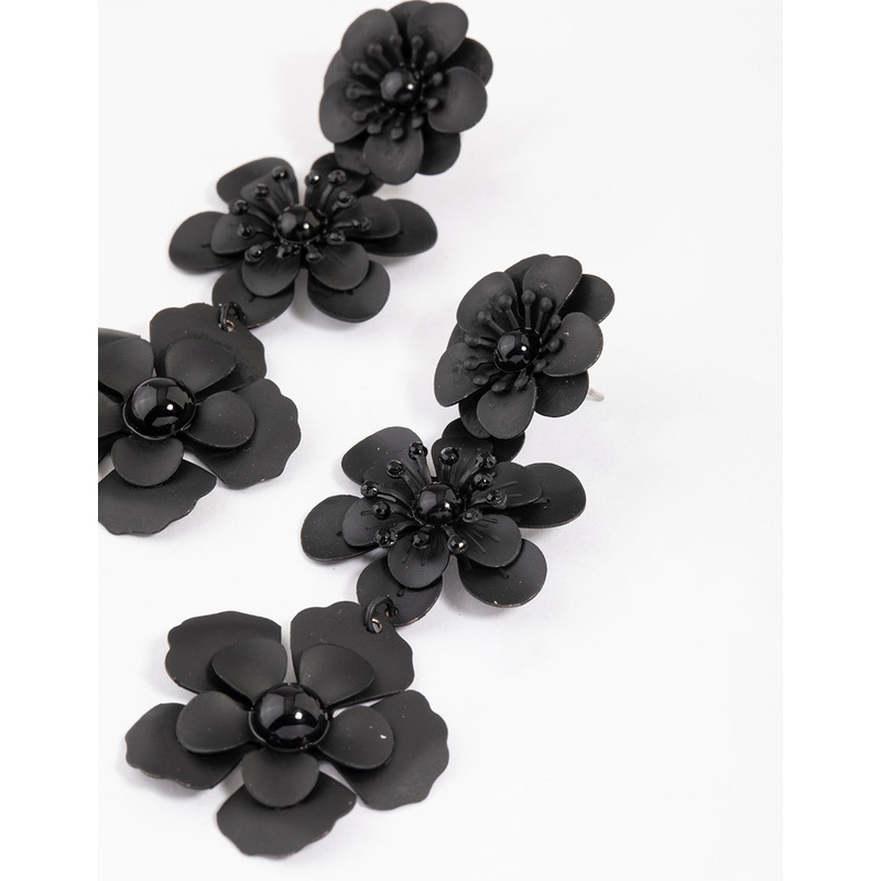 Coated Black Triple Diamante Flower Drop Earrings