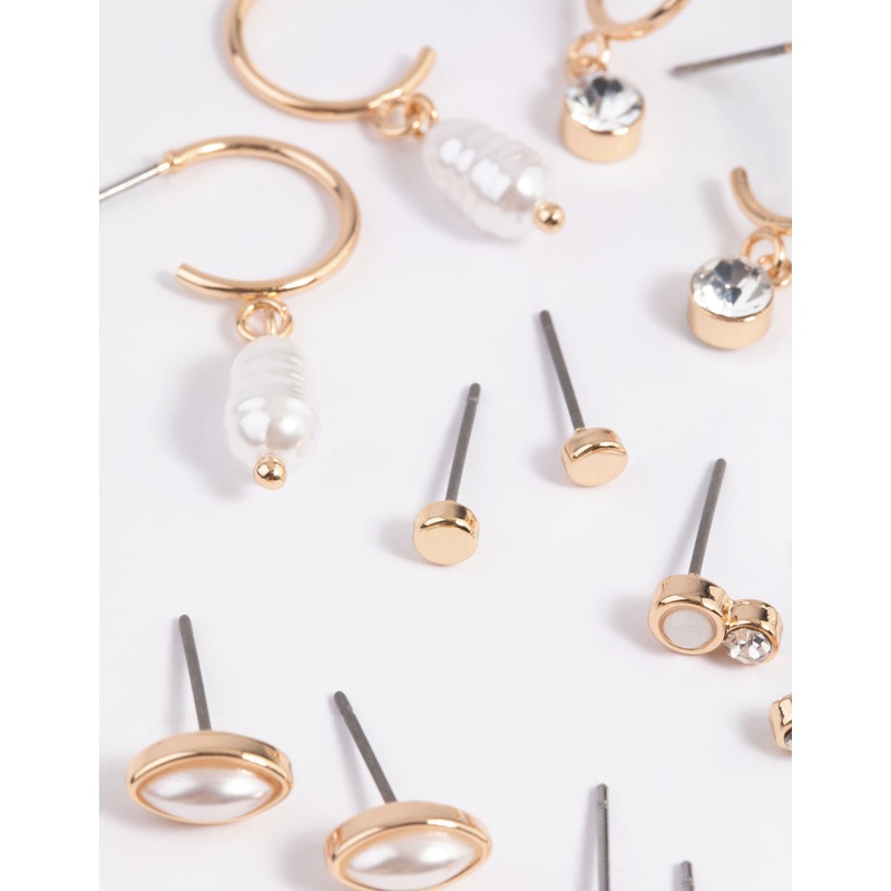 Gold Mixed Pearl Stud & Huggie Hoop Earring 8-Pack