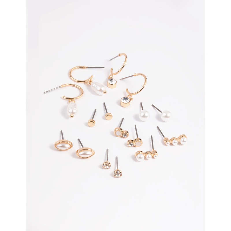 Gold Mixed Pearl Stud & Huggie Hoop Earring 8-Pack