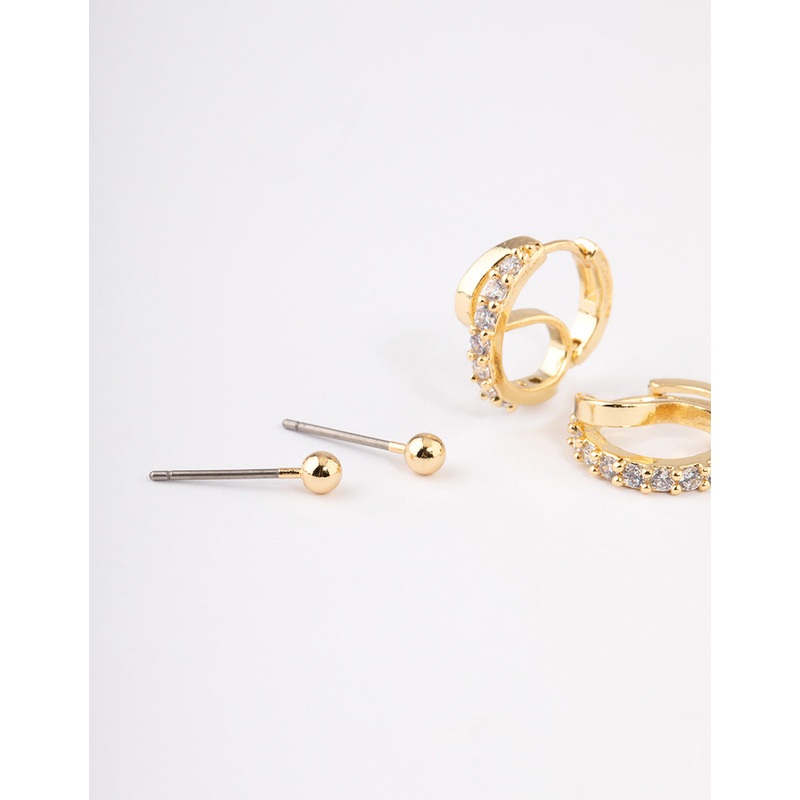 Gold Plated Brass Cubic Zirconia Double Hoop Earrings Pack