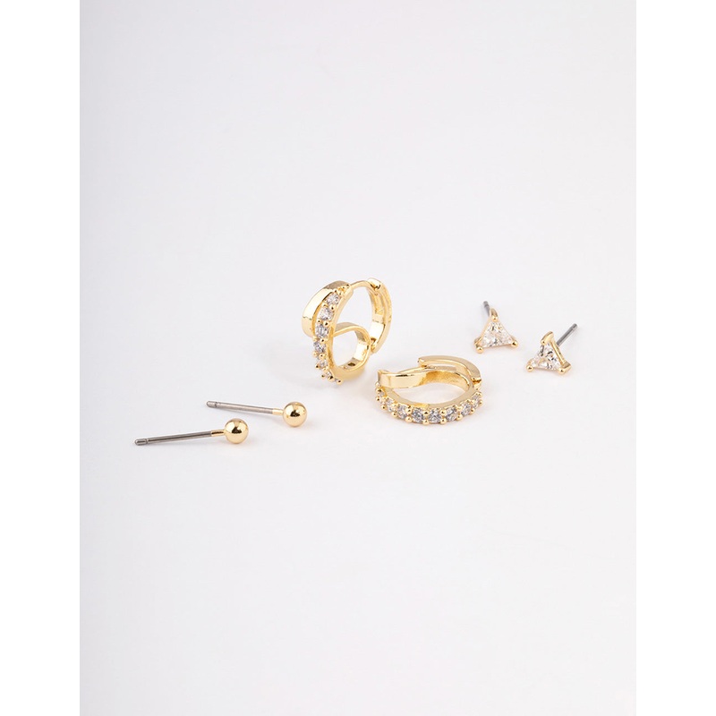 Gold Plated Brass Cubic Zirconia Double Hoop Earrings Pack
