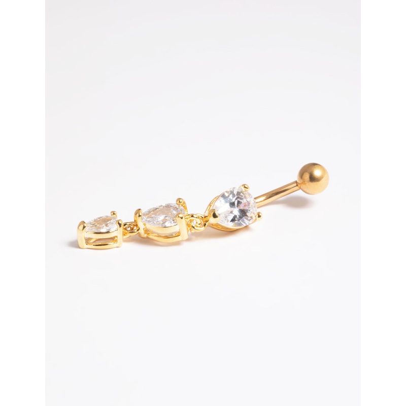 Gold Plated Titanium Threadless Crystal Pear Belly Bar
