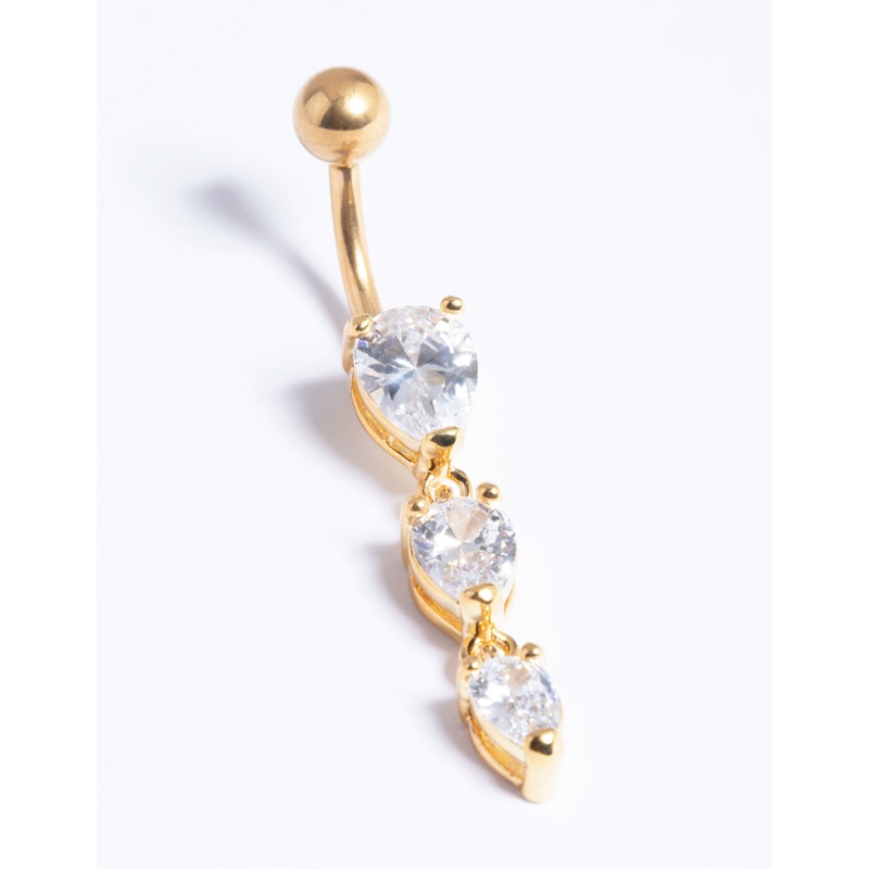 Gold Plated Titanium Threadless Crystal Pear Belly Bar