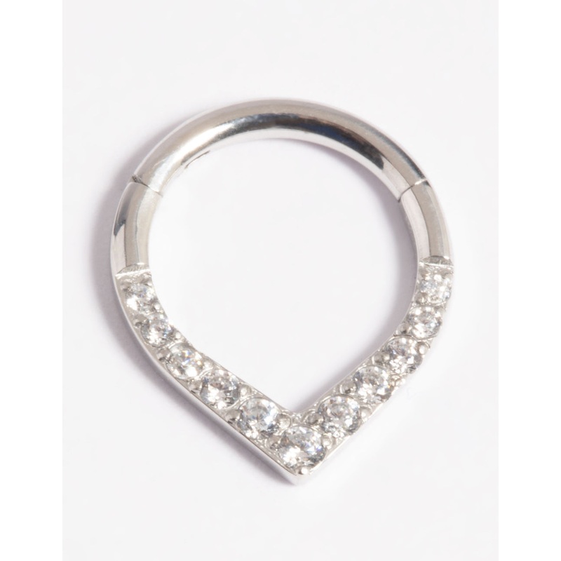Platinum Plated Titanium Cubic Zirconia Pear Clicker Ring