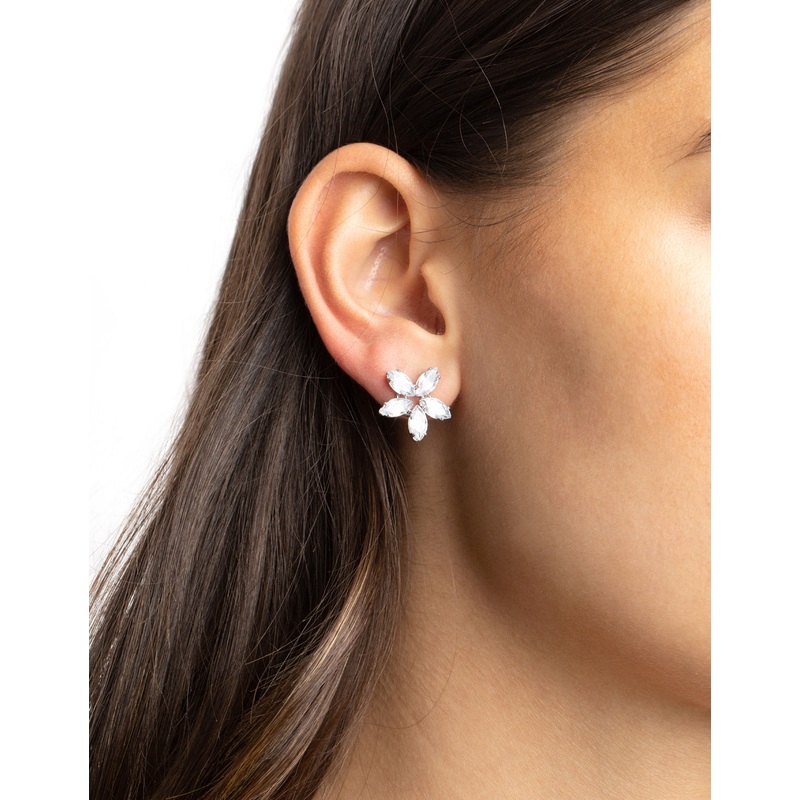 Silver Cubic Zirconia Flower Stud Earrings