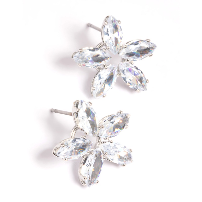 Silver Cubic Zirconia Flower Stud Earrings