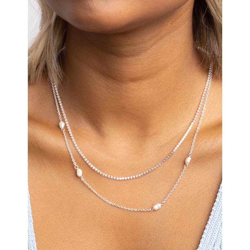 Silver Plated Brass Pearl Layered Necklace