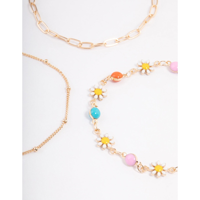 Gold Colourful Daisy & Chain Bracelet Pack