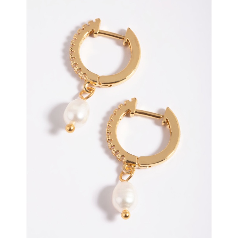 Gold Plated Brass Cubic Zirconia Pearl Huggie Hoop Earrings