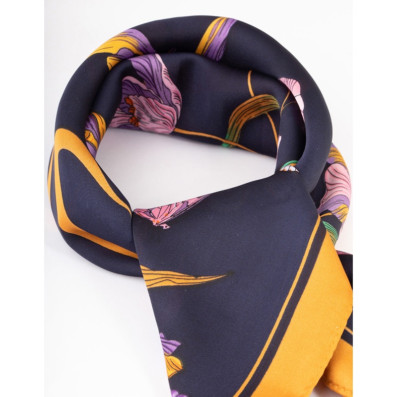 Navy Fabric Flower & Ribbon Scarf