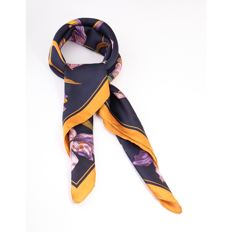 Navy Fabric Flower & Ribbon Scarf