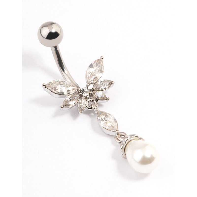 Surgical Steel Crystal Pearl Drop Belly Ring