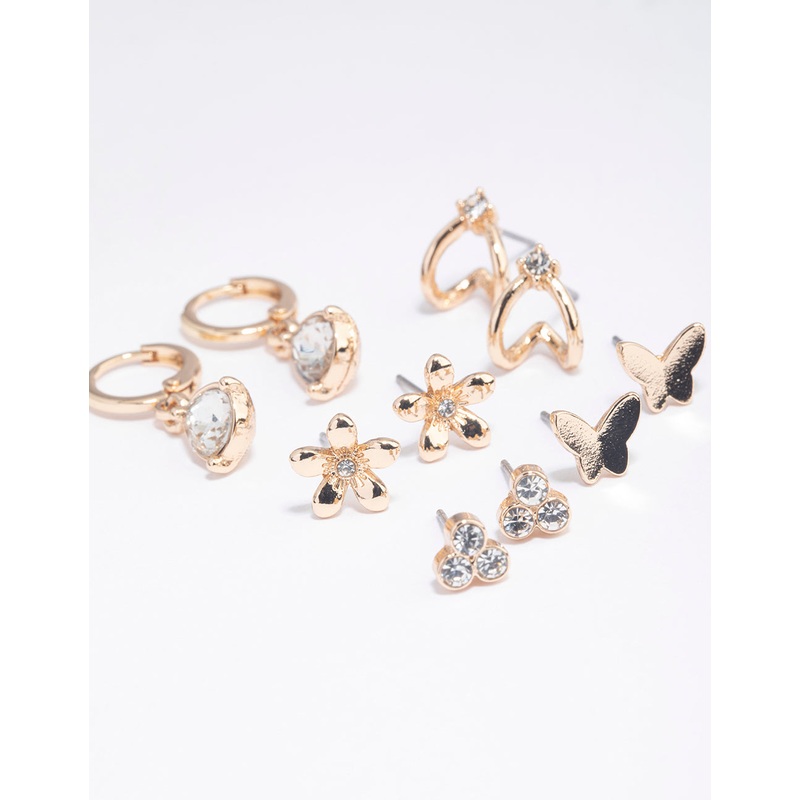 Gold Diamante Flower Butterfly Earrings 5-Pack