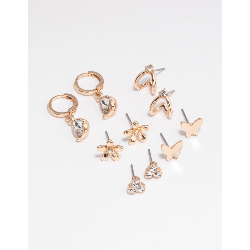 Gold Diamante Flower Butterfly Earrings 5-Pack