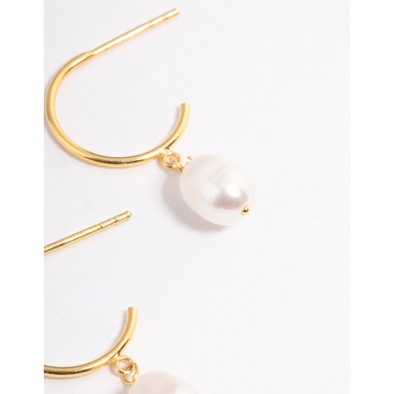 Gold Plated Sterling Silver Pearl Drop Hoop Earrings