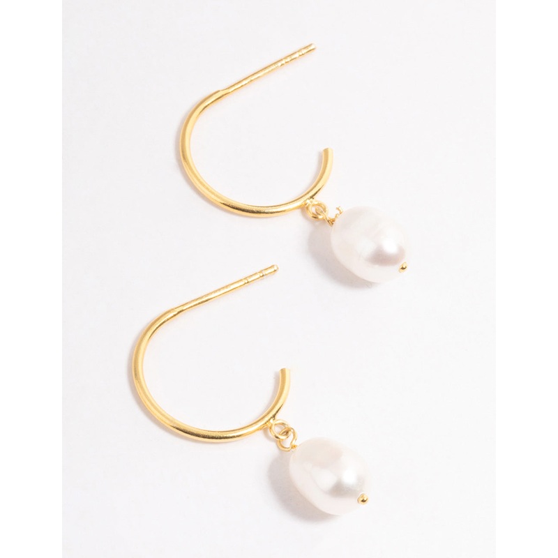 Gold Plated Sterling Silver Pearl Drop Hoop Earrings