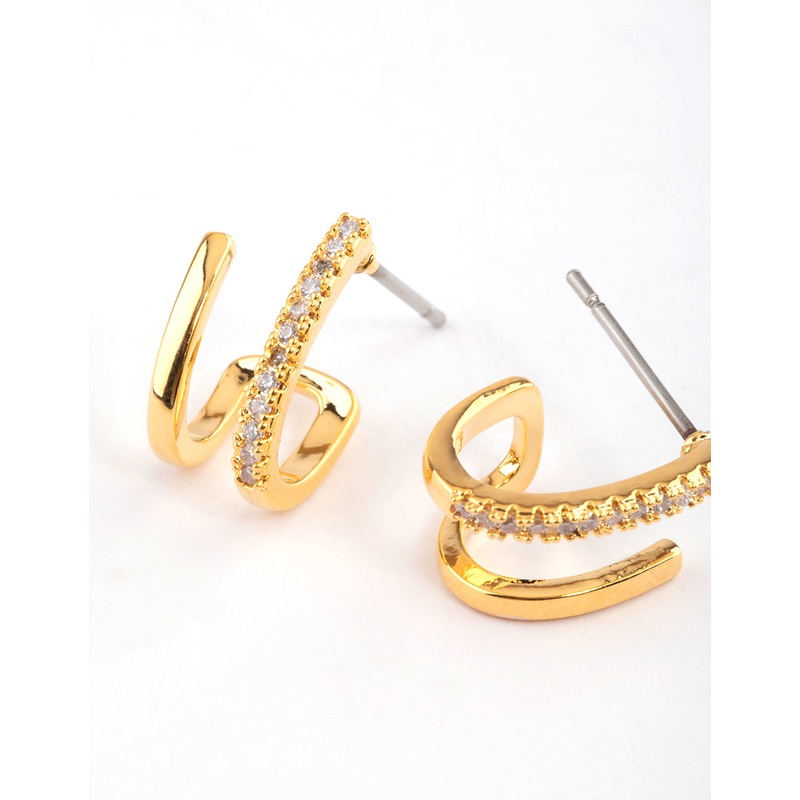 Gold Plated Mini Diamante Double Cuff Earrings