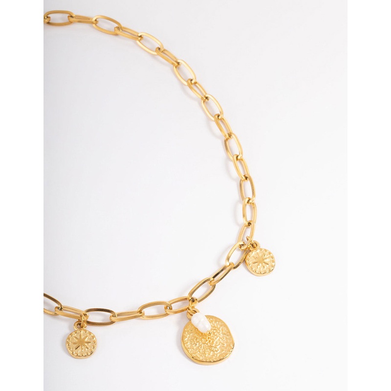 Gold Plated Stainless Steel Coin & Pearl Necklace