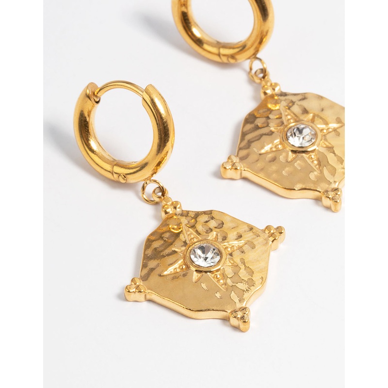 Gold Plated Stainless Steel Diamante Hammered Drop Huggie Earrings