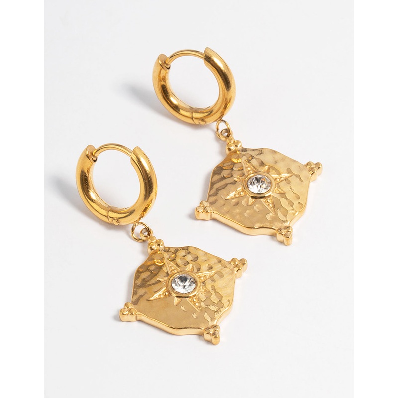 Gold Plated Stainless Steel Diamante Hammered Drop Huggie Earrings