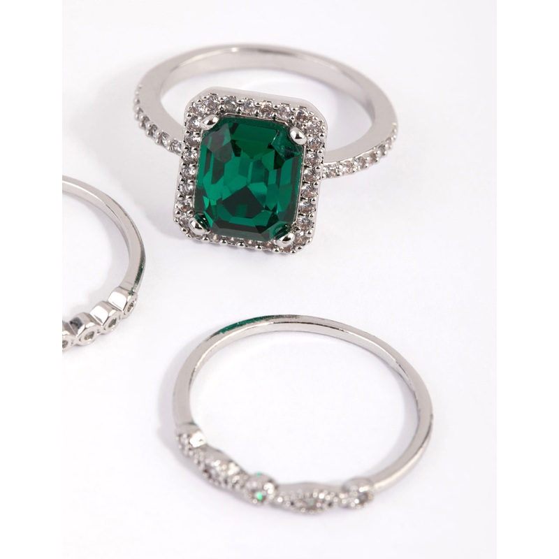 Silver Emerald Diamond Simulant Halo Ring Pack